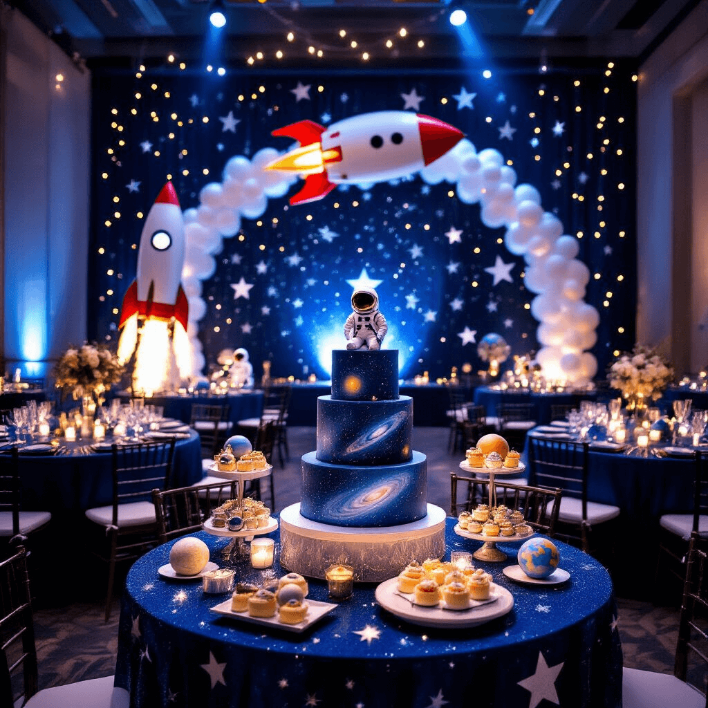 Blast Off to an Epic Outer Space Birthday Party: The Ultimate Guide for Cosmic Celebrations A wide-angle view of a dimly lit ballroom transformed into a cosmic wonderland, featuring twinkling fairy lights, navy walls with silver star cutouts, round tables with metallic runners and miniature solar system centerpieces, a grand rocket balloon arch, an astronaut photo booth standee, and a galaxy-themed cake surrounded by planet-shaped treats on marble stands.