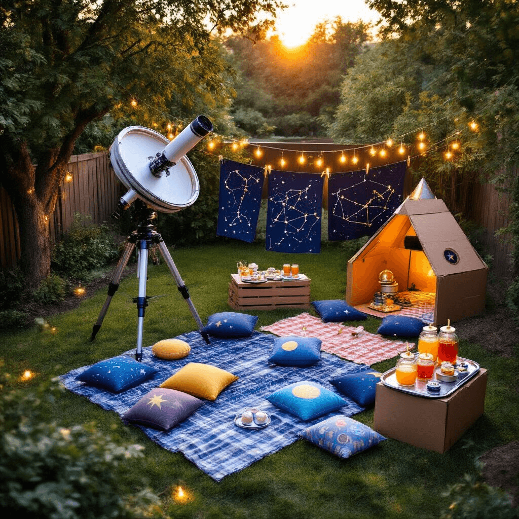 Blast Off to an Epic Outer Space Birthday Party: The Ultimate Guide for Cosmic Celebrations An overhead view of a backyard party at golden hour featuring a large telescope, scattered deep blue and purple picnic blankets with planet cushions, a DIY cardboard rocket ship, hand-painted constellations on a clothesline, fairy lights resembling stars, and a refreshment station with cosmic punch and astronaut helmet cake pops.