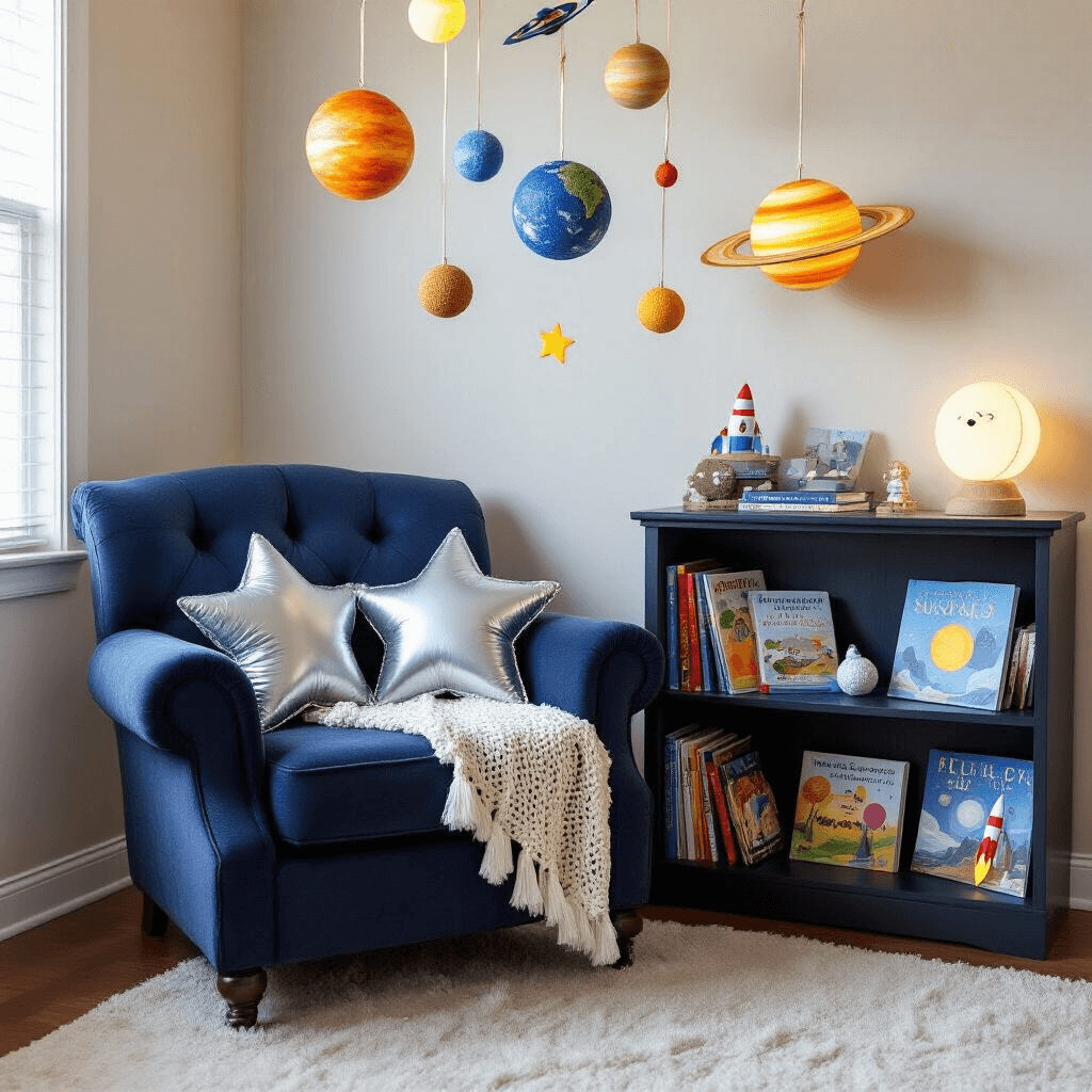 Blast Off to an Epic Outer Space Birthday Party: The Ultimate Guide for Cosmic Celebrations A cozy living room nook transformed into a space-themed reading corner for children, featuring a plush navy armchair with silver star pillows, a crocheted asteroid throw, and a small bookshelf filled with space-themed storybooks, glow-in-the-dark planets, and rocket ship models. A solar system mobile hangs overhead, while a moon-shaped lamp casts a warm light, creating an inviting atmosphere.