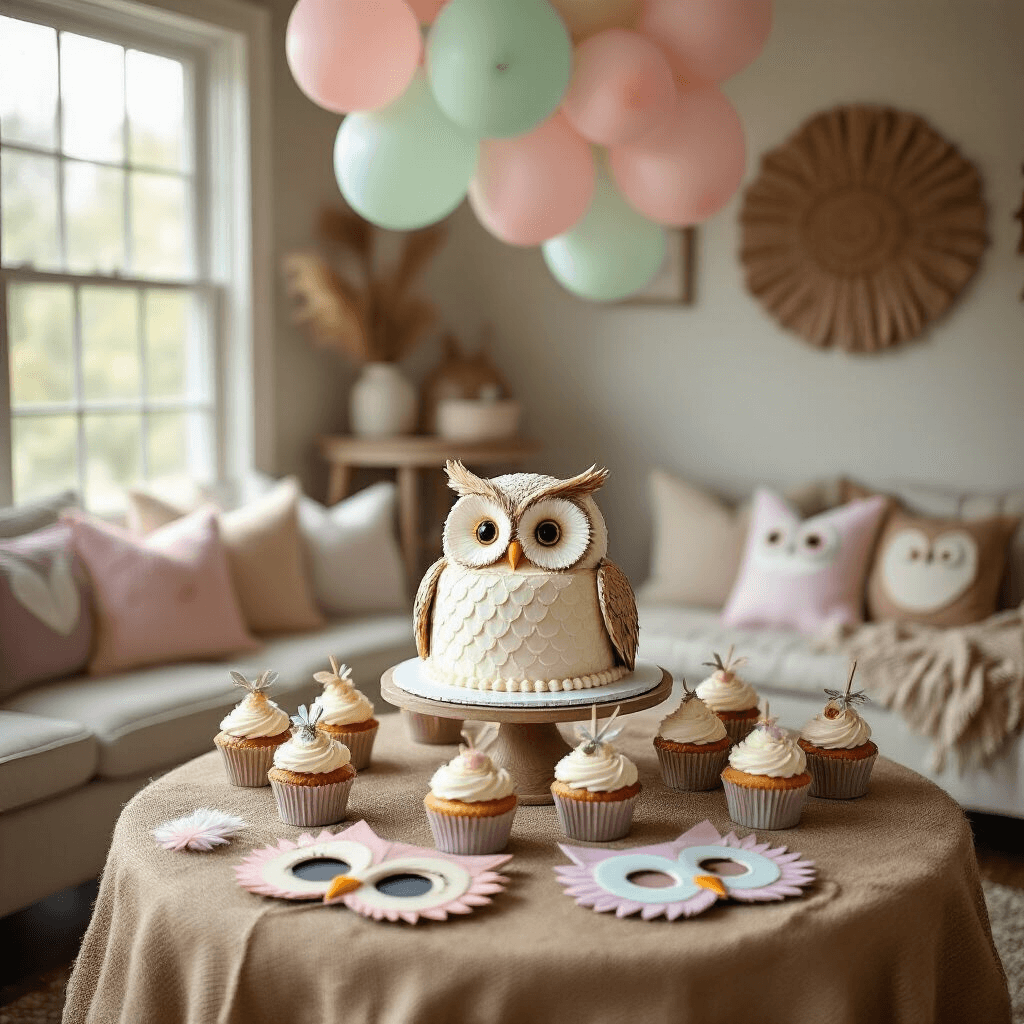 Owl Birthday Party: A Whimsical Woodland Celebration Guide A cozy living room decorated for a whimsical owl-themed birthday party, featuring a round dessert table with an owl-shaped cake and owl-topped cupcakes, surrounded by pastel balloons and DIY owl masks, all bathed in soft afternoon light.
