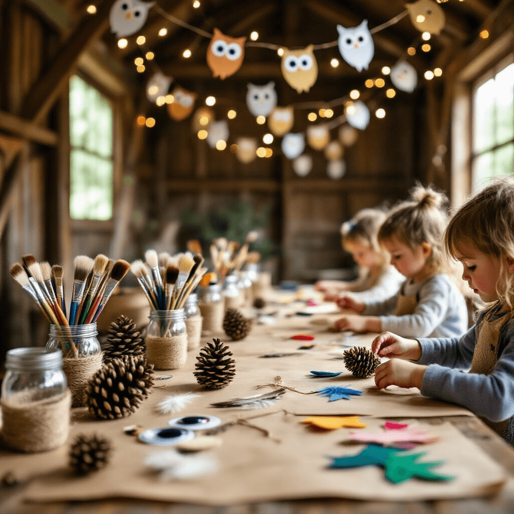 Owl Birthday Party: A Whimsical Woodland Celebration Guide A cozy craft station in a rustic barn for an owl party, featuring a farmhouse table covered in kraft paper with mason jars of supplies, pinecones, and colorful felt, illuminated by sunlight and decorated with fairy lights and paper owl cutouts. In the foreground, small hands are crafting a pinecone owl.