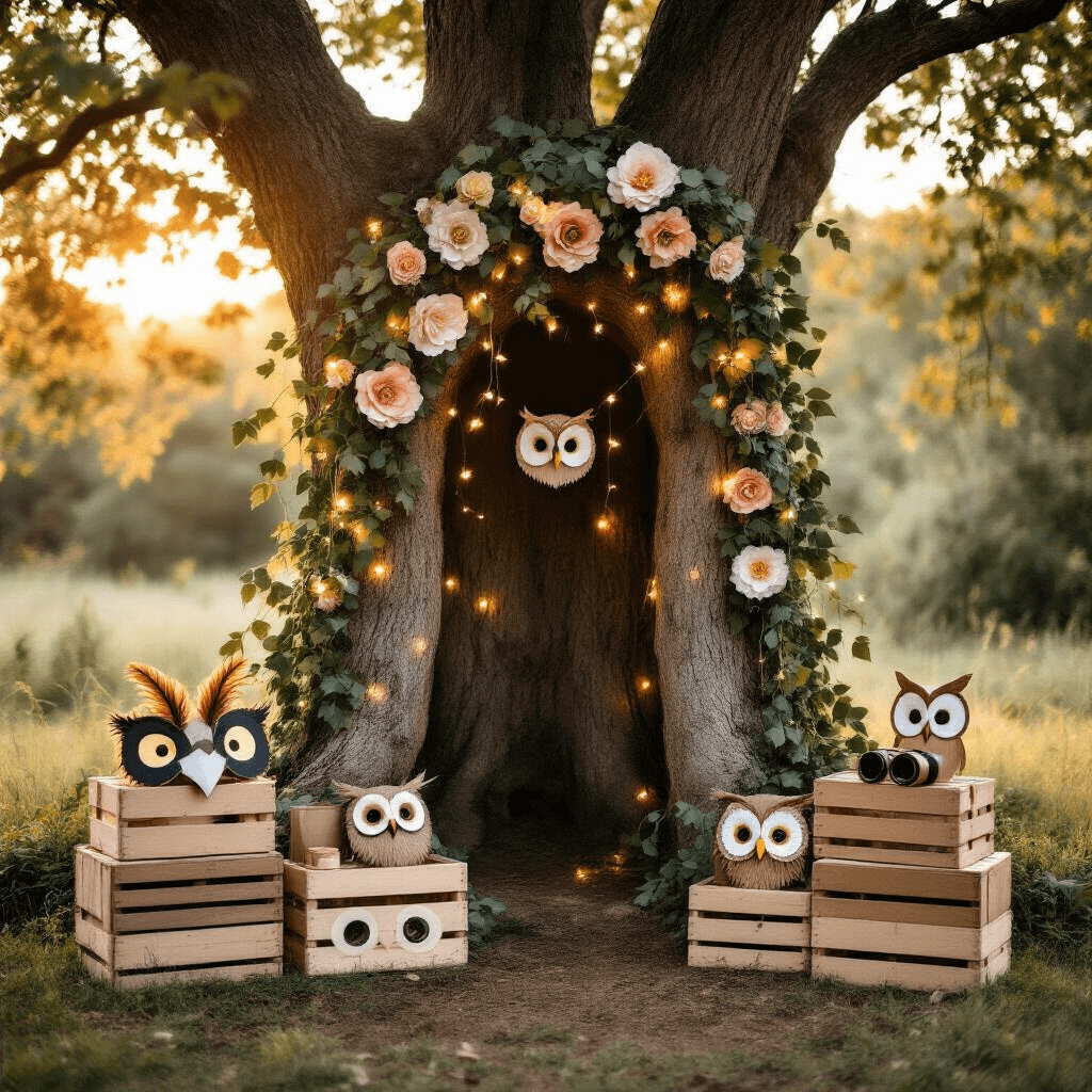 Owl Birthday Party: A Whimsical Woodland Celebration Guide A whimsical outdoor owl party photo booth featuring a hollow tree trunk backdrop adorned with silk ivy, fairy lights, and oversized paper flowers, with owl-themed props arranged on wooden crates, all illuminated by warm golden hour light.