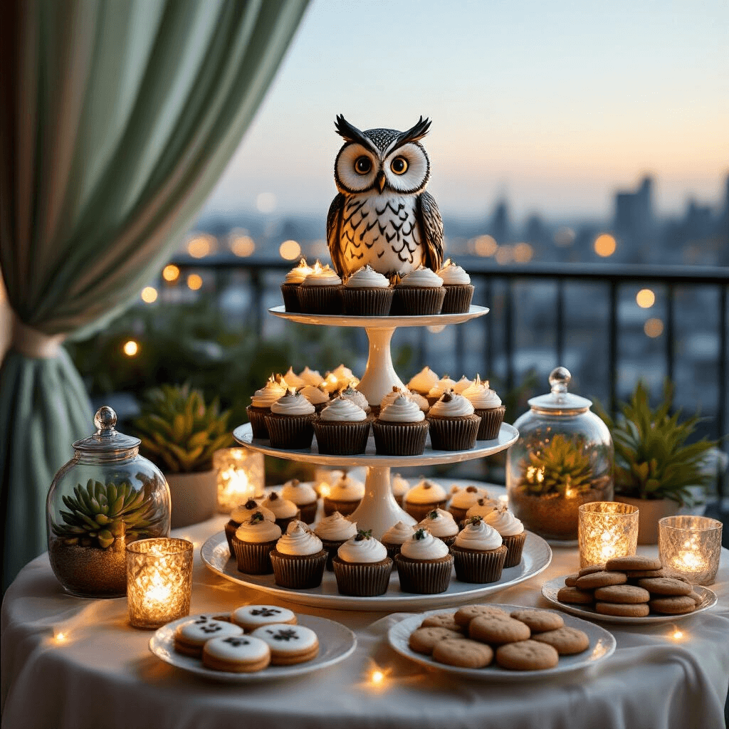 Owl Birthday Party: A Whimsical Woodland Celebration Guide An elegant owl-themed dessert display on a rooftop terrace, featuring a tiered cake stand with an intricately decorated owl cake, themed cupcakes, and cookies, surrounded by mercury glass candle holders and terrariums with succulents. Softly billowing sheer drapery in sage and cream frames the scene, illuminated by warm string lights against a backdrop of twinkling city lights.