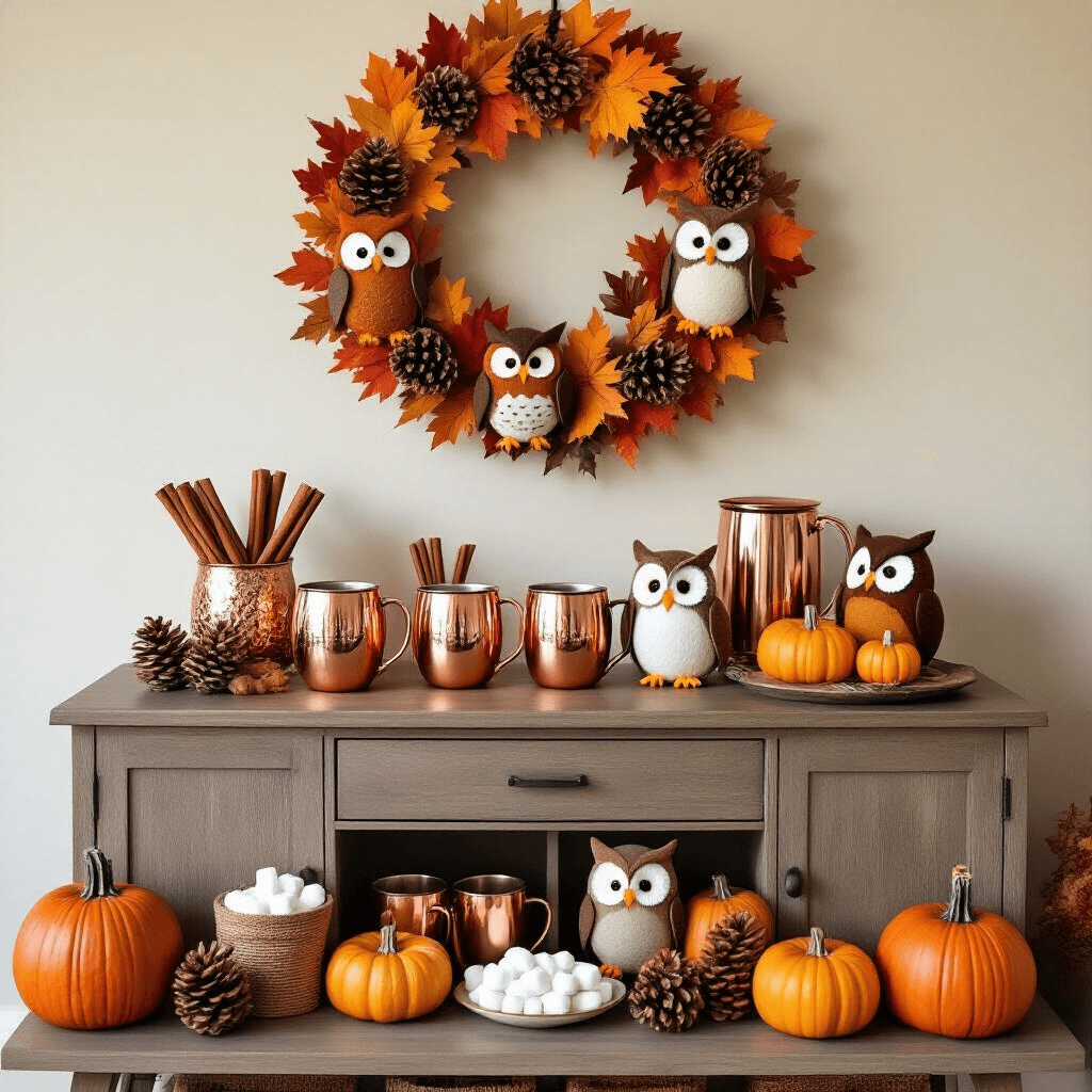 Owl Birthday Party: A Whimsical Woodland Celebration Guide A cozy autumn owl party vignette in a stylish apartment, featuring a hot chocolate bar with copper mugs and cinnamon sticks, a DIY felt owl wreath, and assorted pumpkins in muted fall colors, all illuminated by natural light.
