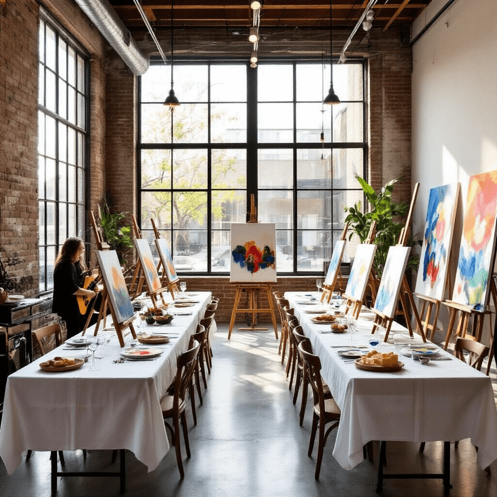 Unleash Creativity: The Ultimate Guide to Hosting a Memorable Paint Birthday Party An elegant art studio filled with natural light, featuring long tables set for a sophisticated adult paint party, complete with painting stations, crystal wine glasses, and a live musician, all under the guidance of a local artist.