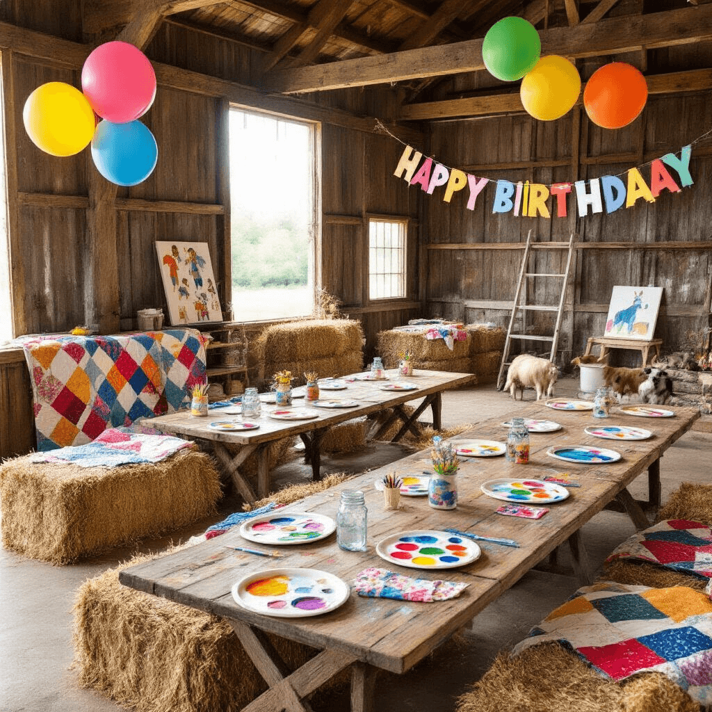 Unleash Creativity: The Ultimate Guide to Hosting a Memorable Paint Birthday Party A lively kids' paint party in a rustic barn, featuring vibrant seating with hay bales and quilts, farmhouse tables set with paint palettes and cheerful smocks, oversized primary-colored balloons, a 'Happy Birthday' banner, drying canvases on a vintage ladder, and a petting zoo for sketching animals, all illuminated by bright natural light.