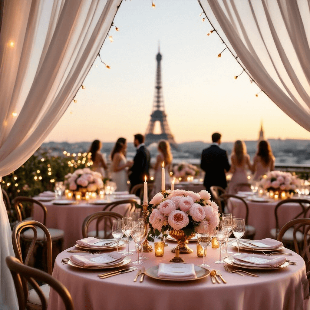 Paris Birthday Party: Your Ultimate Styling and Photography Guide A romantic Parisian rooftop terrace at golden hour, featuring fairy lights, blush pink silk table linens, gold candelabras, and floral centerpieces, with guests in elegant attire and the Eiffel Tower silhouette in the background.