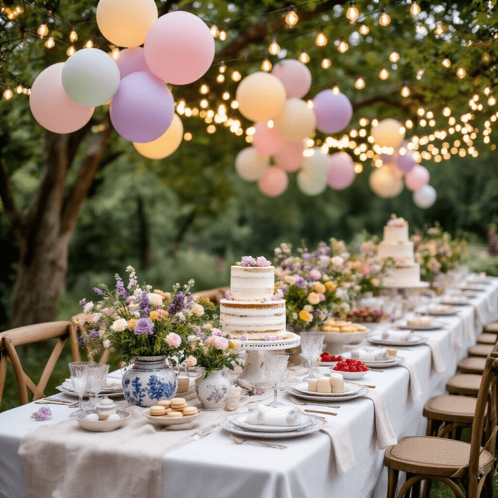 Paris Birthday Party: Your Ultimate Styling and Photography Guide A whimsical outdoor celebration featuring long farmhouse tables draped in white linens, adorned with vintage French pottery filled with wildflowers, mismatched china, and crystal glassware. Twinkling lights and pastel balloons overhead enhance the magical atmosphere, complemented by personalized lavender sachets as place cards. A rustic dessert display showcases a tiered naked cake surrounded by macarons and fresh berries.