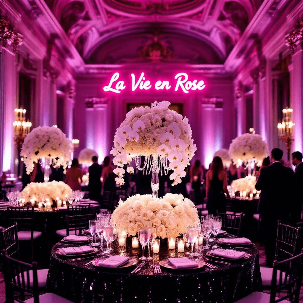 Paris Birthday Party: Your Ultimate Styling and Photography Guide An elegant black-tie event in a grand ballroom featuring black sequin tables, crystal candelabras, and white orchid centerpieces, illuminated by a pink neon sign and surrounded by a backdrop of fresh white roses.