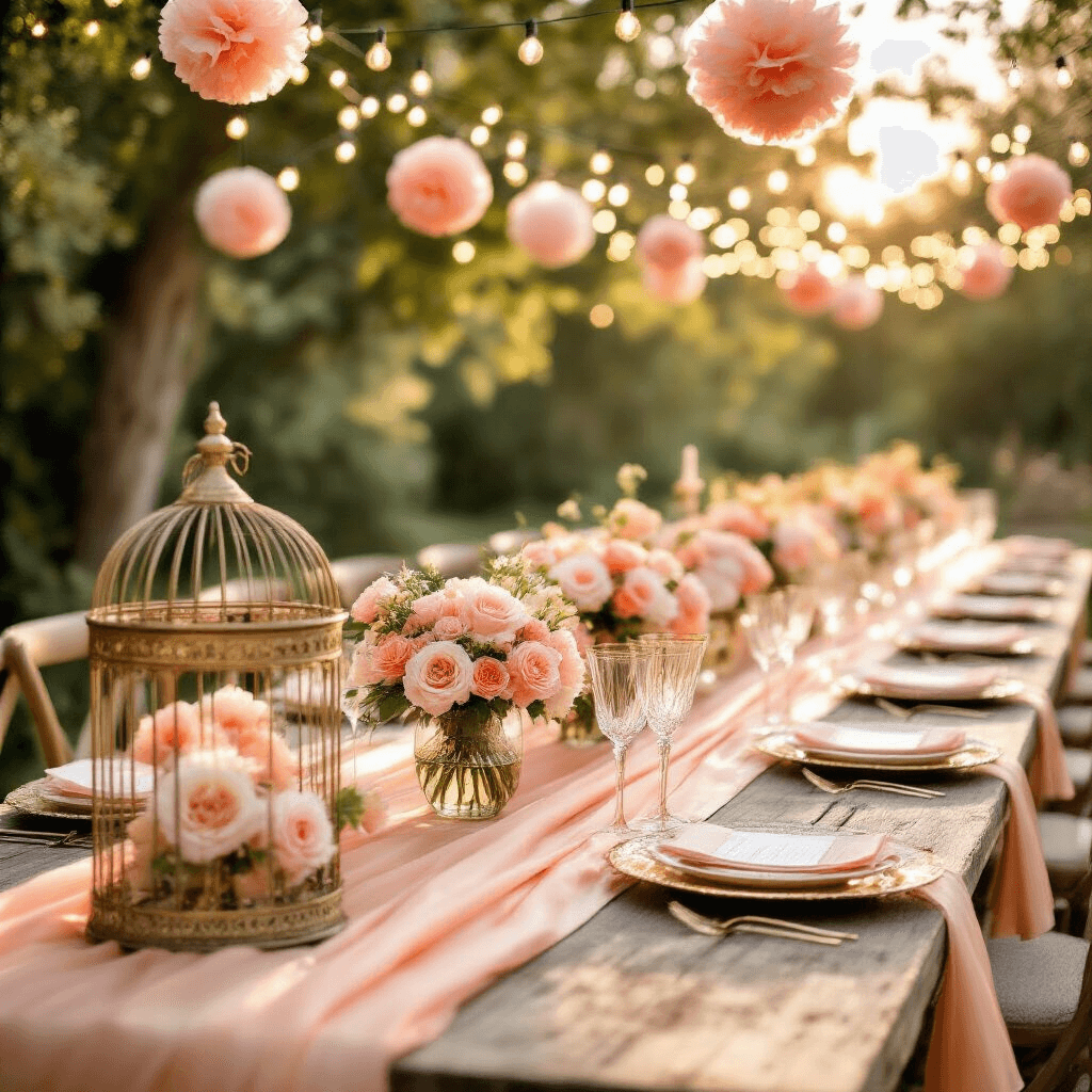 Sweet as a Peach: Creating the Perfect Peach Birthday Party A sunlit garden party table with a peach silk runner, floral centerpieces in vintage vases, gold-rimmed place settings, and crystal flutes, adorned with fairy lights and pom-poms, with a birdcage filled with roses in the foreground.