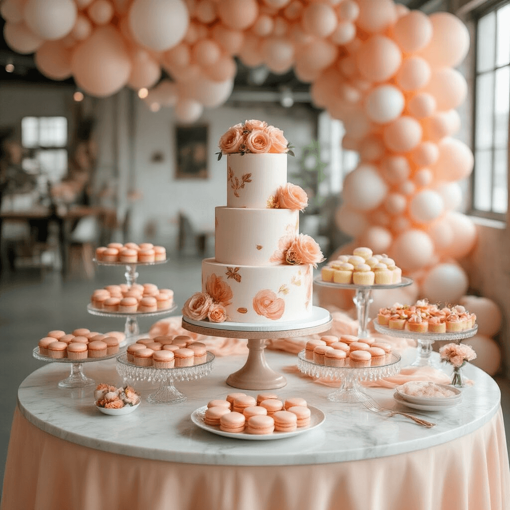 Sweet as a Peach: Creating the Perfect Peach Birthday Party An elegant indoor celebration in a bright loft featuring a round marble-top table covered in a sheer peach tablecloth, showcasing a stunning tiered cake with hand-painted peach designs and gold leaf accents, surrounded by peach macarons, blush cupcakes, and crystal cake stands with various desserts, with cascading blush and white balloons forming a whimsical backdrop, captured from a slightly elevated angle.