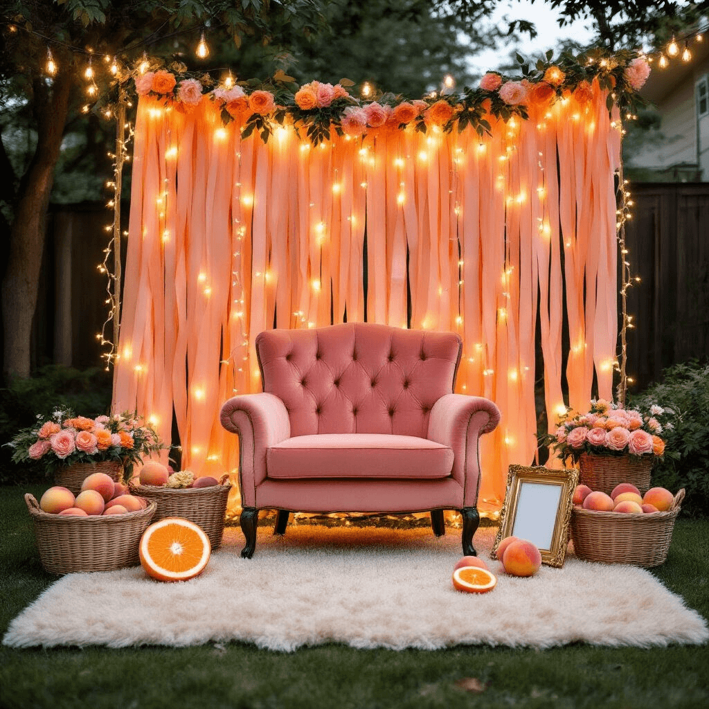 Sweet as a Peach: Creating the Perfect Peach Birthday Party A cozy backyard at dusk, adorned with warm string lights. A DIY photo booth features a peach streamer backdrop with fairy lights, and a vintage peachy-pink velvet armchair sits on a cream shag rug. Baskets of peach-themed props, including flower crowns and oversized peach slices, are arranged beside the chair, creating a magical ambiance.