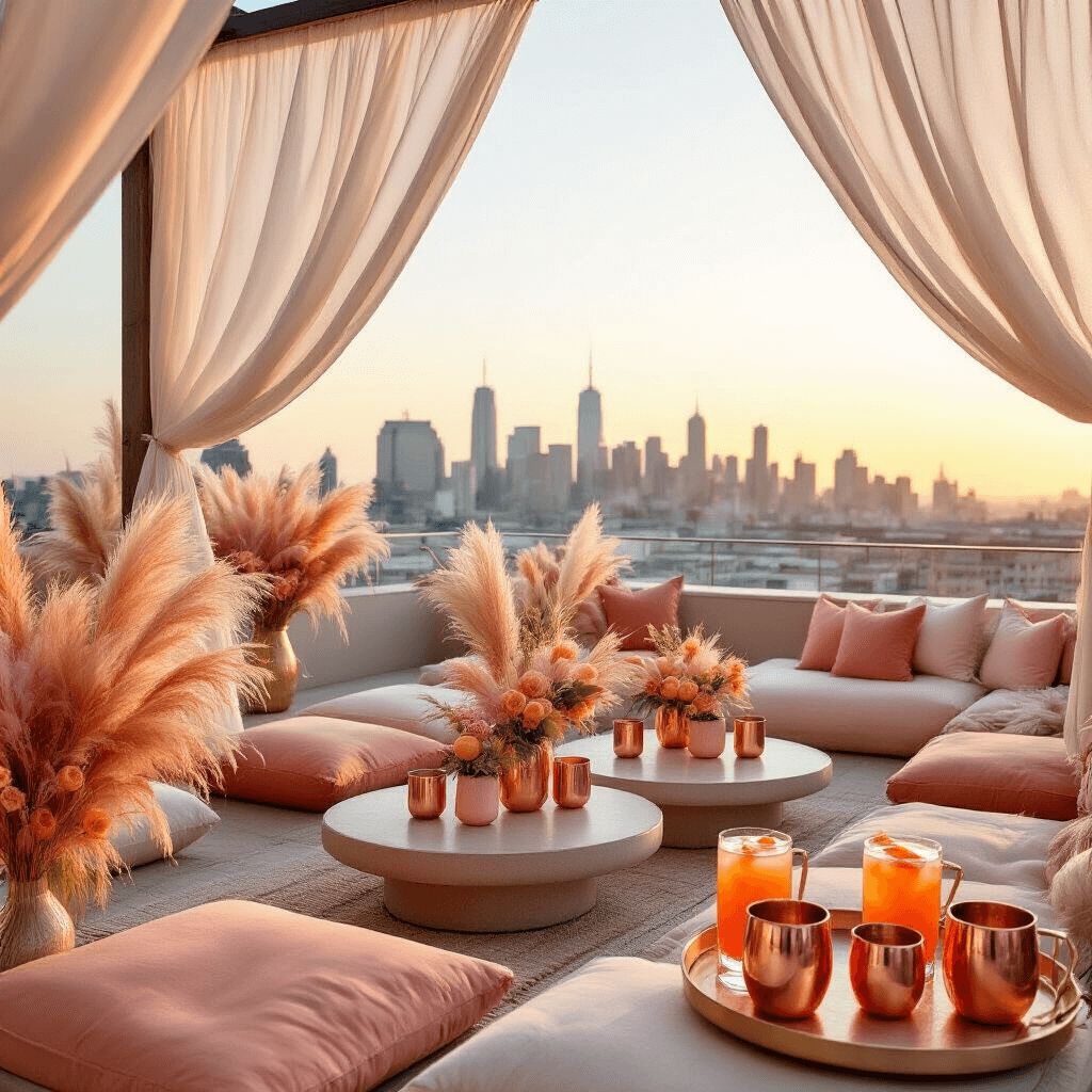 Sweet as a Peach: Creating the Perfect Peach Birthday Party A chic rooftop terrace party at sunset with low tables and plush floor cushions in peach and blush tones, featuring peach-tinted pampas grass centerpieces. Gauzy white curtains frame the city skyline, and a bar cart displays peach-infused cocktails in copper mugs garnished with peach slices and sage.