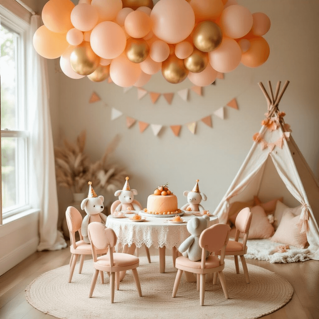 Sweet as a Peach: Creating the Perfect Peach Birthday Party A whimsical first birthday celebration in a sun-drenched living room, featuring a low kids' table with a lace tablecloth, tiny peach chairs, and a miniature peach-shaped smash cake surrounded by stuffed animal guests in party hats. Above, a cloud of peach, blush, and gold balloons forms a dreamy canopy, while a cozy teepee with peach bunting and soft cushions sits in the corner. The scene is captured from a child's eye level, highlighting the magical perspective.