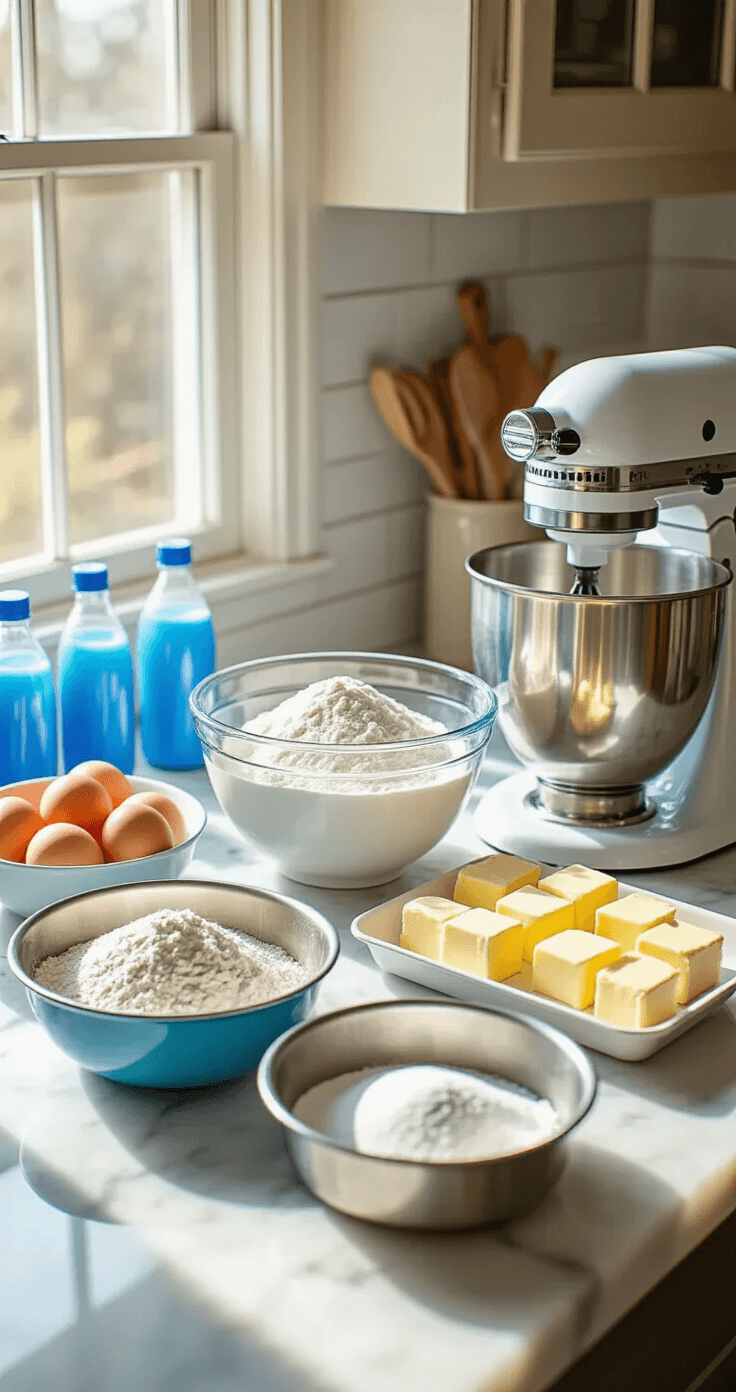 Ultimate Blue Birthday Cake: A Stunning Celebration Centerpiece A sunlit kitchen countertop featuring baking ingredients: mixing bowls with flour and sugar, farm-fresh eggs, softened butter cubes, and blue gel food coloring, with two 8-inch cake pans and a stand mixer ready for use.