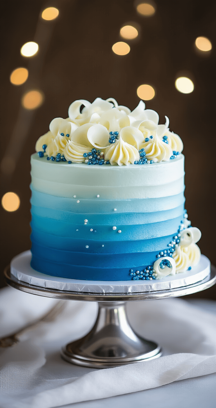 Ultimate Blue Birthday Cake: A Stunning Celebration Centerpiece Two-layer azure blue cake on a silver stand, featuring smooth ombré buttercream frosting, white chocolate curls, pearlescent sugar decorations, and metallic blue sprinkles, with soft bokeh background.