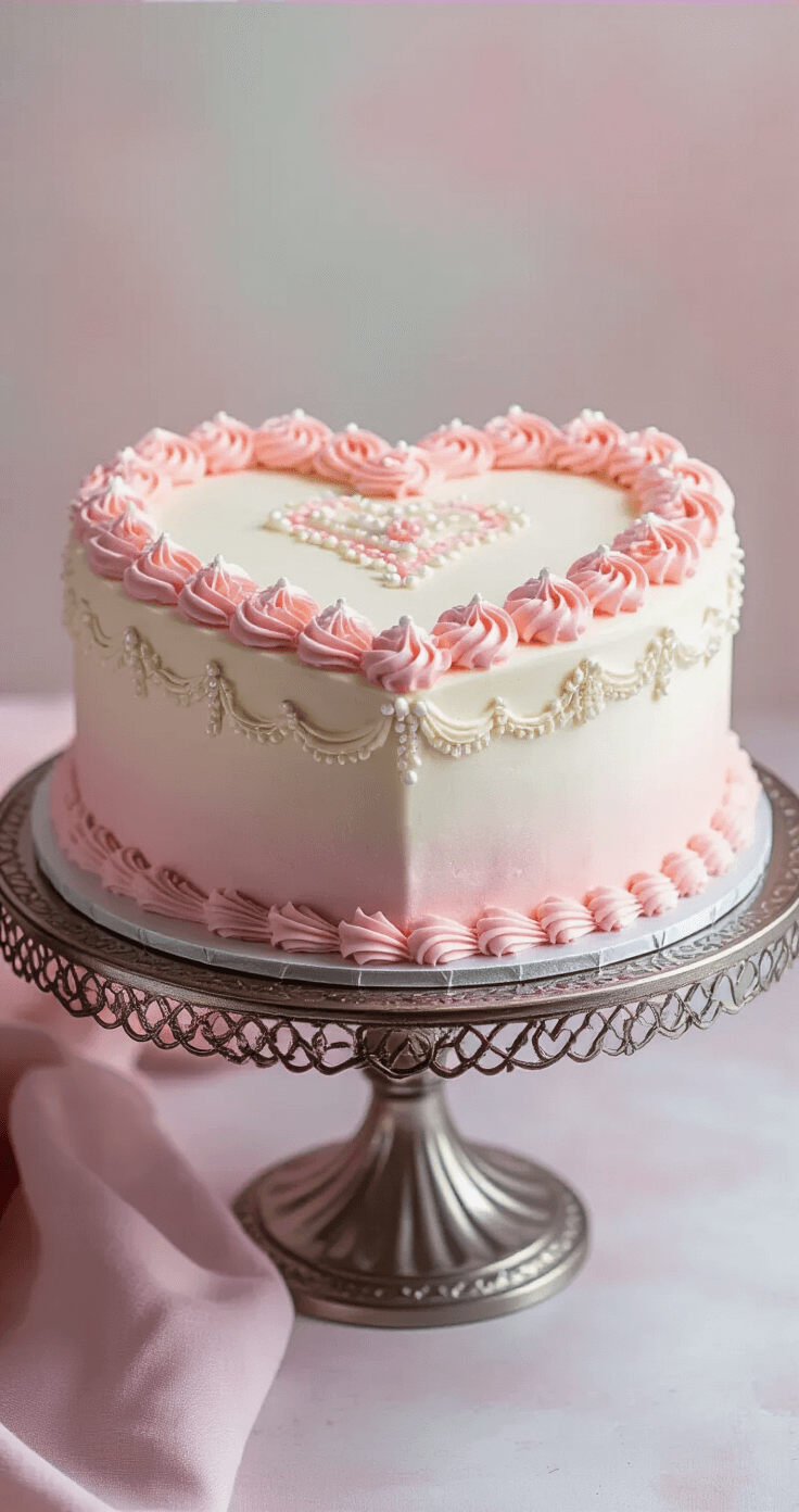 Ultimate Heart Cake: The Perfect Birthday Showstopper A beautifully decorated heart-shaped cake with pink buttercream frosting, intricate white piping, sugar pearls, and metallic accents, displayed on a silver cake stand against a soft pastel background.