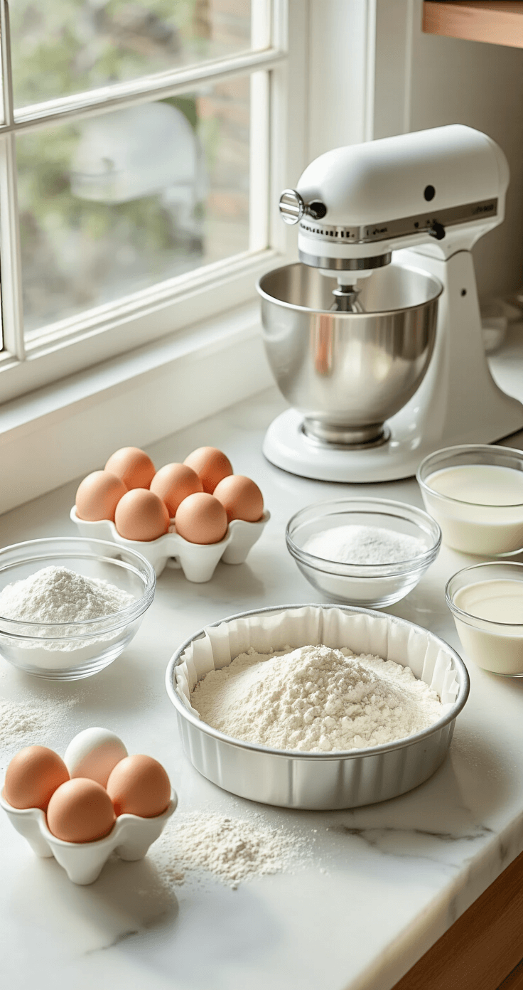 KOREAN BIRTHDAY CAKE: MINIMALIST CLOUD-LIKE CELEBRATION DELIGHT Professional kitchen scene with a marble countertop showcasing ingredients for a Korean cloud cake, including eggs, flour, sugar, milk, and oil, alongside a ready cake pan and gleaming stand mixer, all illuminated by soft natural light.