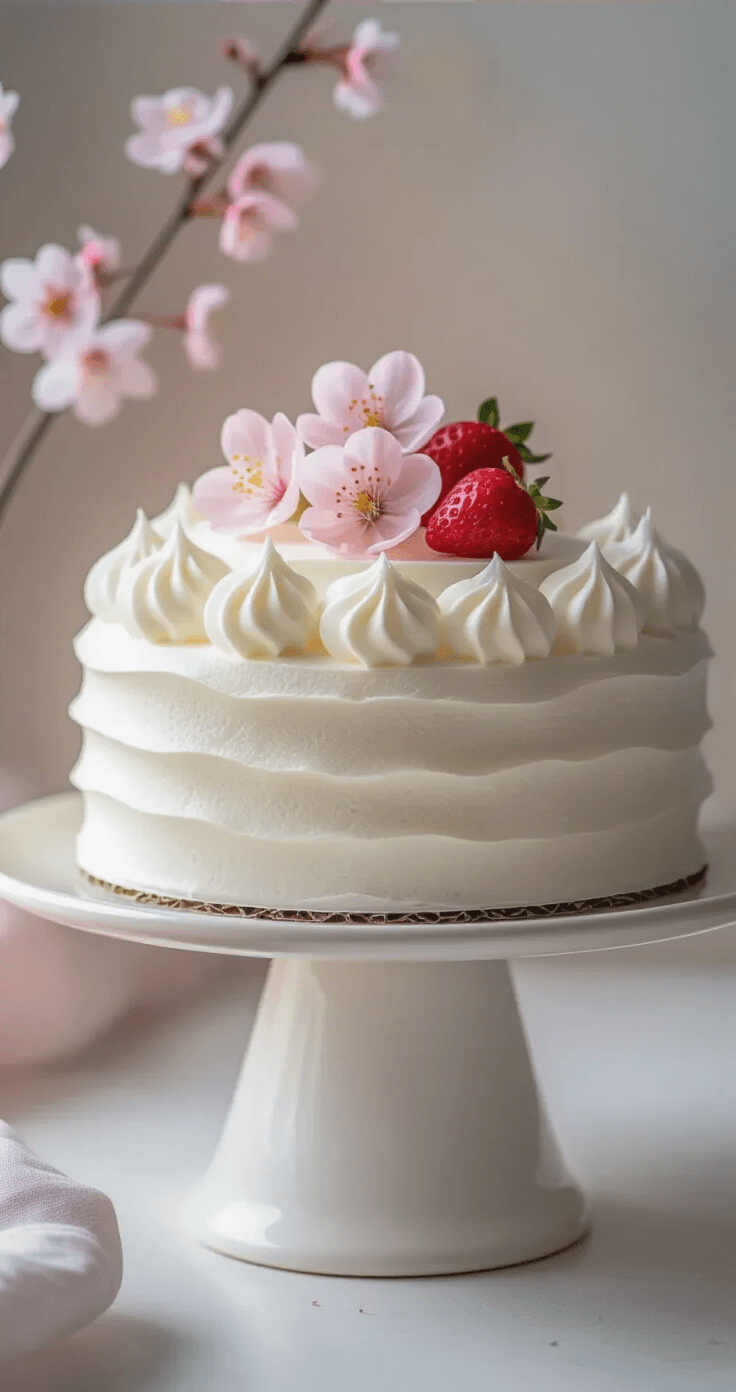 KOREAN BIRTHDAY CAKE: MINIMALIST CLOUD-LIKE CELEBRATION DELIGHT Close-up of an ethereal Korean cloud cake on a white ceramic stand, featuring smooth white whipped cream frosting, delicate pink cherry blossoms, and a fresh strawberry, all set against a softly blurred pastel background.
