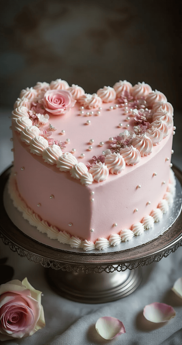 Vintage Heart Birthday Cake: The Ultimate Romantic Celebration Dessert Professional overhead shot of a vintage-style heart cake on an antique silver stand, topped with smooth pink buttercream, white piped borders, delicate rosettes, edible pearls, vintage sugar flowers, fresh rose petals, and subtle edible glitter.