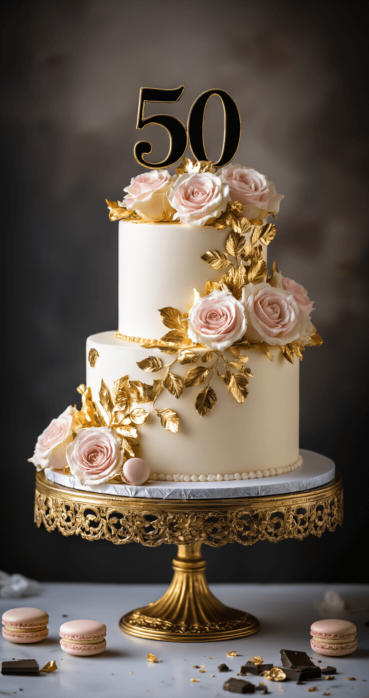 50th Birthday Cake for Women: A Luxurious Celebration Masterpiece Opulent two-tier 50th birthday cake on a gold stand with white buttercream, gold leaf accents, pastel roses, black and gold '50' topper, macarons, and chocolate shards, highlighted by dramatic lighting.