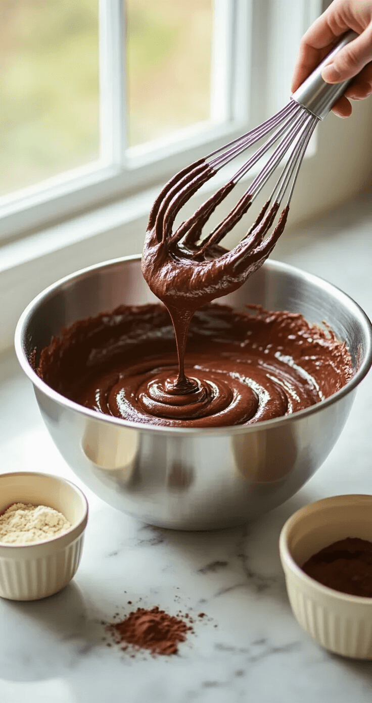 CONSTRUCTION BIRTHDAY CAKE: THE ULTIMATE DIY EDIBLE CONSTRUCTION SITE Close-up of glossy chocolate cake batter being whisked in a stainless steel bowl, illuminated by natural light, with cream-colored mixing bowls and measuring cups nearby on a marble countertop.