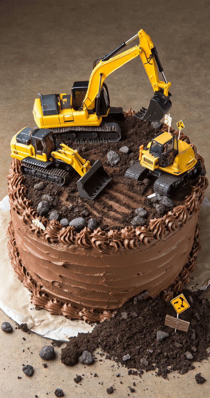 CONSTRUCTION BIRTHDAY CAKE: THE ULTIMATE DIY EDIBLE CONSTRUCTION SITE Overhead view of a detailed construction-themed cake with miniature bulldozers and excavators on crushed Oreo dirt, chocolate frosting mud banks, and edible chocolate rocks, all illuminated by dramatic lighting emphasizing textures and shadows.