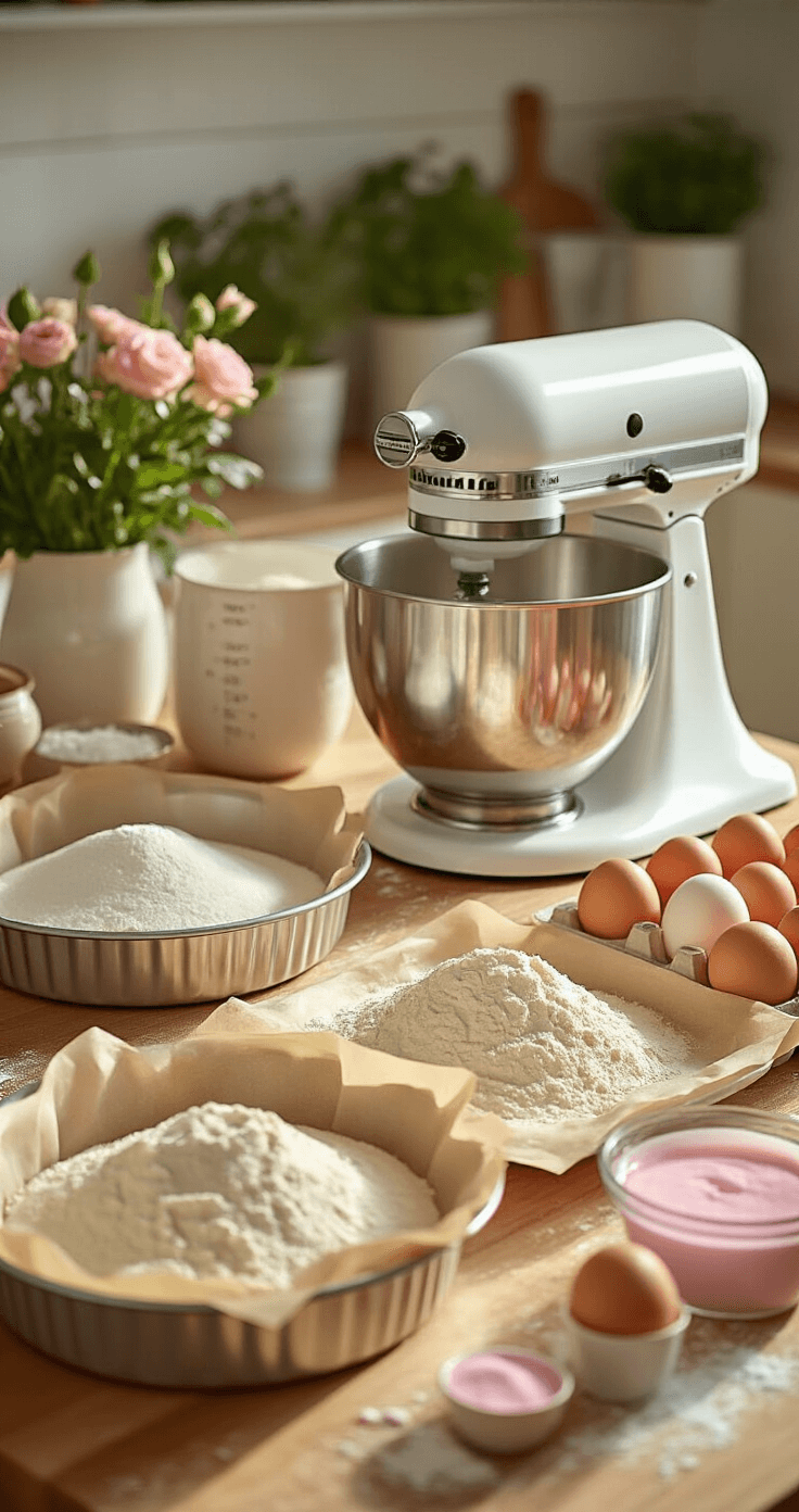 PINK BIRTHDAY CAKE: THE ULTIMATE CELEBRATION SHOWSTOPPER A sunlit kitchen countertop featuring neatly organized baking ingredients, including crystalline sugar, flour-dusted measuring cups, farm-fresh eggs, and pastel pink gel food coloring, with parchment-lined cake pans and a stand mixer, all bathed in warm, inviting natural light.