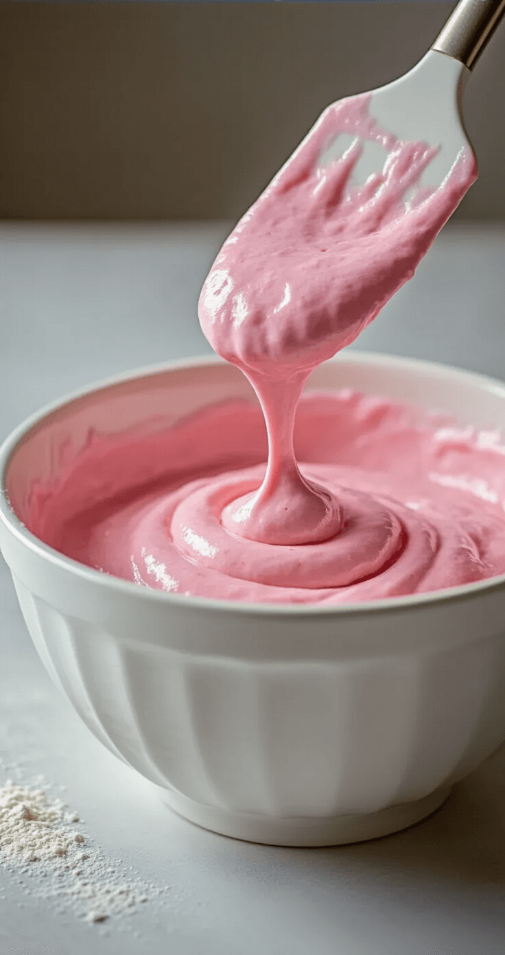PINK BIRTHDAY CAKE: THE ULTIMATE CELEBRATION SHOWSTOPPER Close-up of silky rose-pink cake batter being folded in a glossy white bowl, showcasing its smooth texture and air bubbles under soft studio lighting. A spatula mid-motion emphasizes the delicate mixing technique.