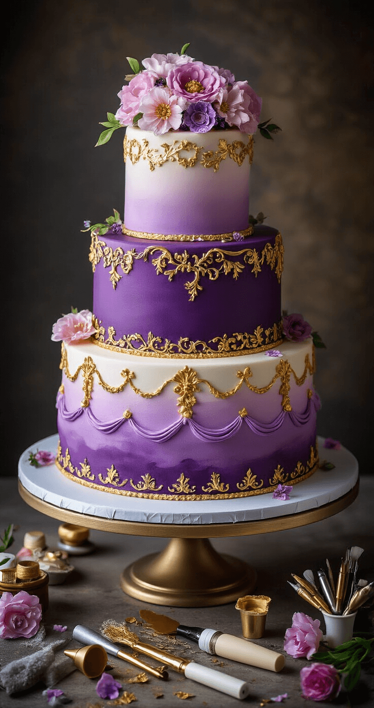 Mastering Birthday Cake Designs: The Ultimate Guide to Showstopping Celebration Cakes An intricately decorated 3-tier birthday cake with an ombre effect from deep purple to soft lilac, featuring metallic gold leaf accents and baroque piping details, situated on a rotating cake stand in dramatic lighting, with professional piping tips, edible flowers, and fondant tools in the foreground.