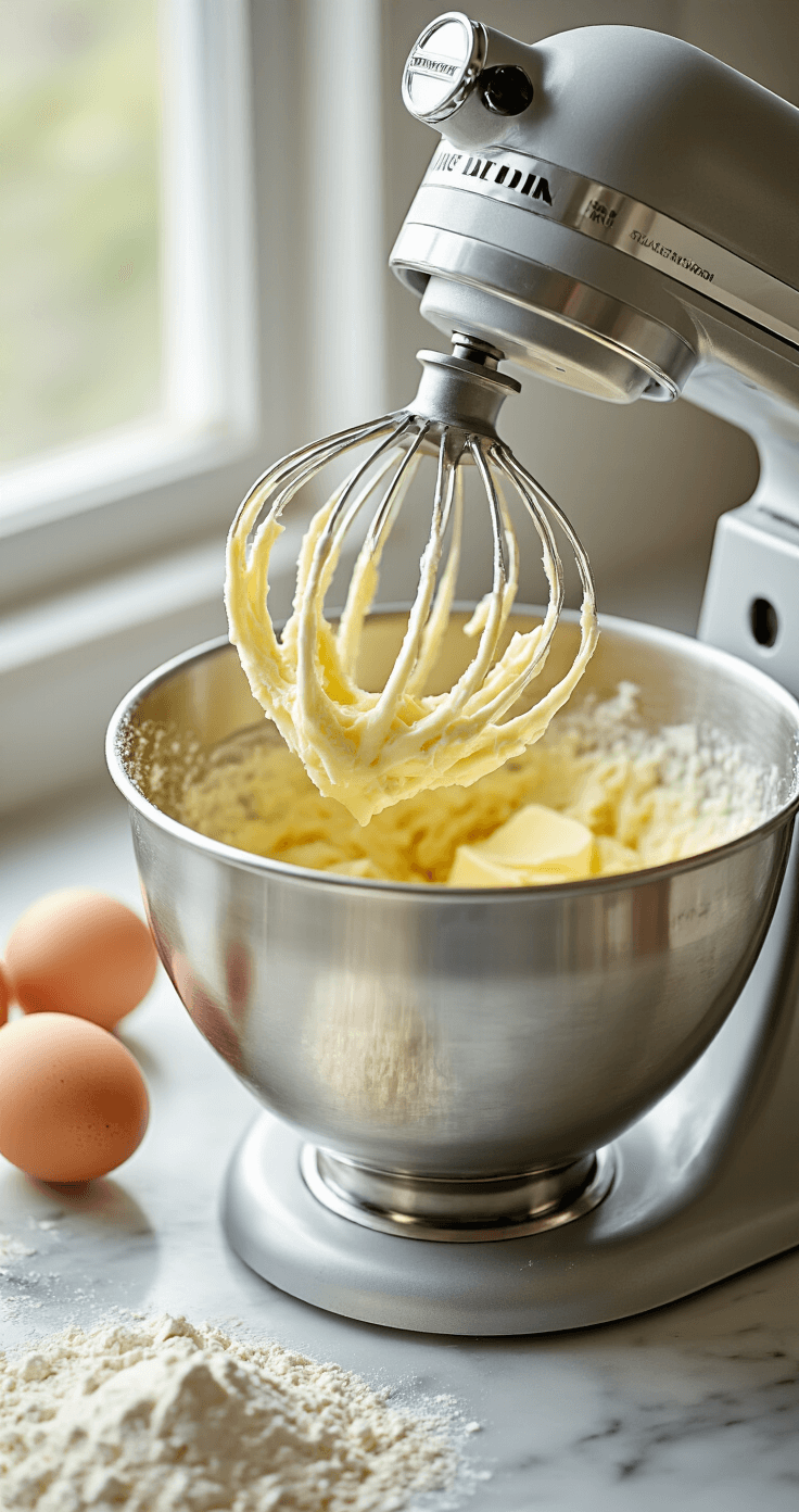 WHITE BIRTHDAY CAKE: THE ULTIMATE CLASSIC CELEBRATION RECIPE Close-up of a stand mixer creaming butter and sugar, showcasing a fluffy pale yellow mixture with soft natural light from a kitchen window, stainless steel bowl, and scattered cake flour and fresh eggs in the background.