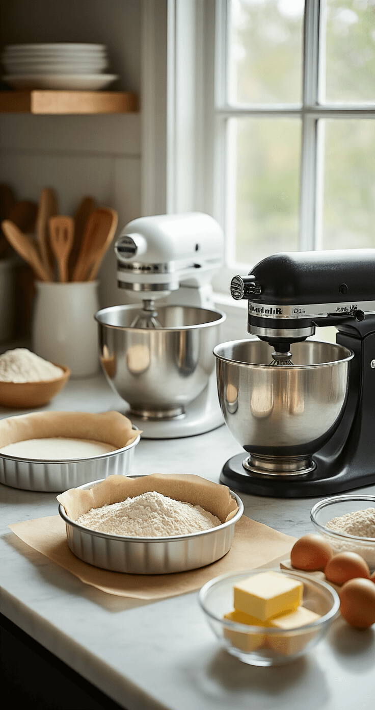 25th Birthday Cake: A Milestone Celebration Masterpiece Softly lit kitchen countertop showcasing a professional baking setup with two round cake pans, a stand mixer, and measured ingredients in glass bowls, illuminated by natural light through a window.