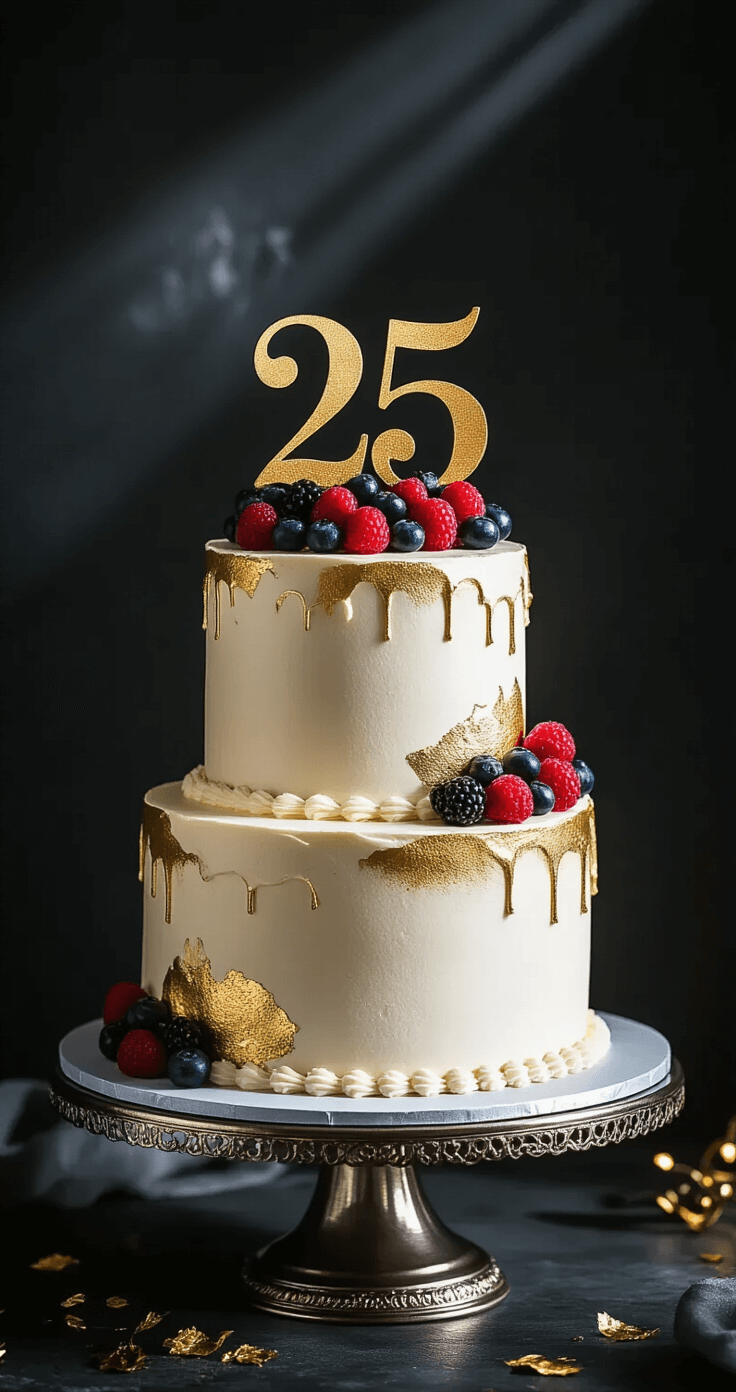 25th Birthday Cake: A Milestone Celebration Masterpiece Stunning three-layer 25th birthday cake with pearl-white buttercream frosting, metallic gold accents, fresh berries, and a gold '25' topper on a silver stand against a dark background.