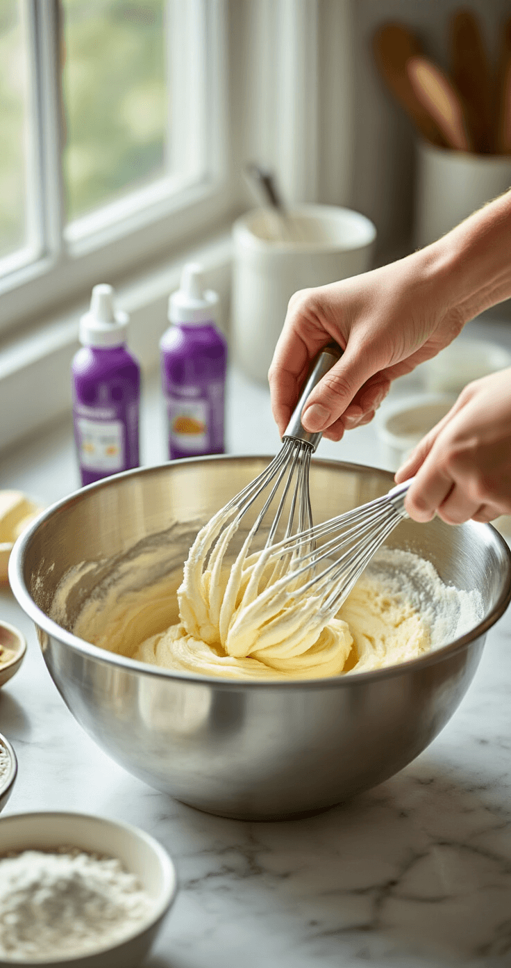 PURPLE BIRTHDAY CAKE: A STUNNING CELEBRATION CENTERPIECE Close-up of hands creaming butter and sugar in a stainless steel bowl, illuminated by soft natural light, with baking tools and purple food coloring nearby on a marble countertop.
