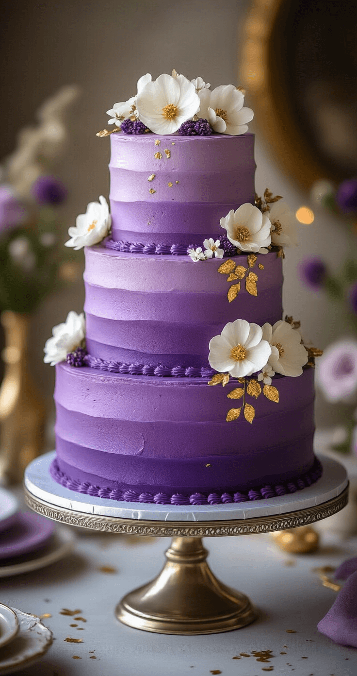 PURPLE BIRTHDAY CAKE: A STUNNING CELEBRATION CENTERPIECE Three-tiered purple cake with ombre frosting, adorned with gold leaf and white flowers, displayed on a silver cake stand in a blurred upscale party setting.