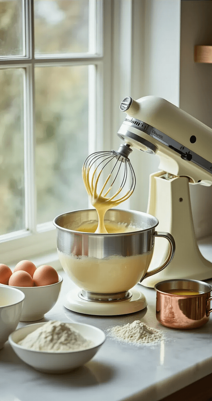 Korean Birthday Cake: A Modern Aesthetic Masterpiece A modern kitchen bathed in soft natural light features a stand mixer whipping a pale golden egg mixture to ribbon stage on a pristine marble countertop, surrounded by farm-fresh eggs, measured flour in a porcelain bowl, and a steaming copper pot of melted butter.
