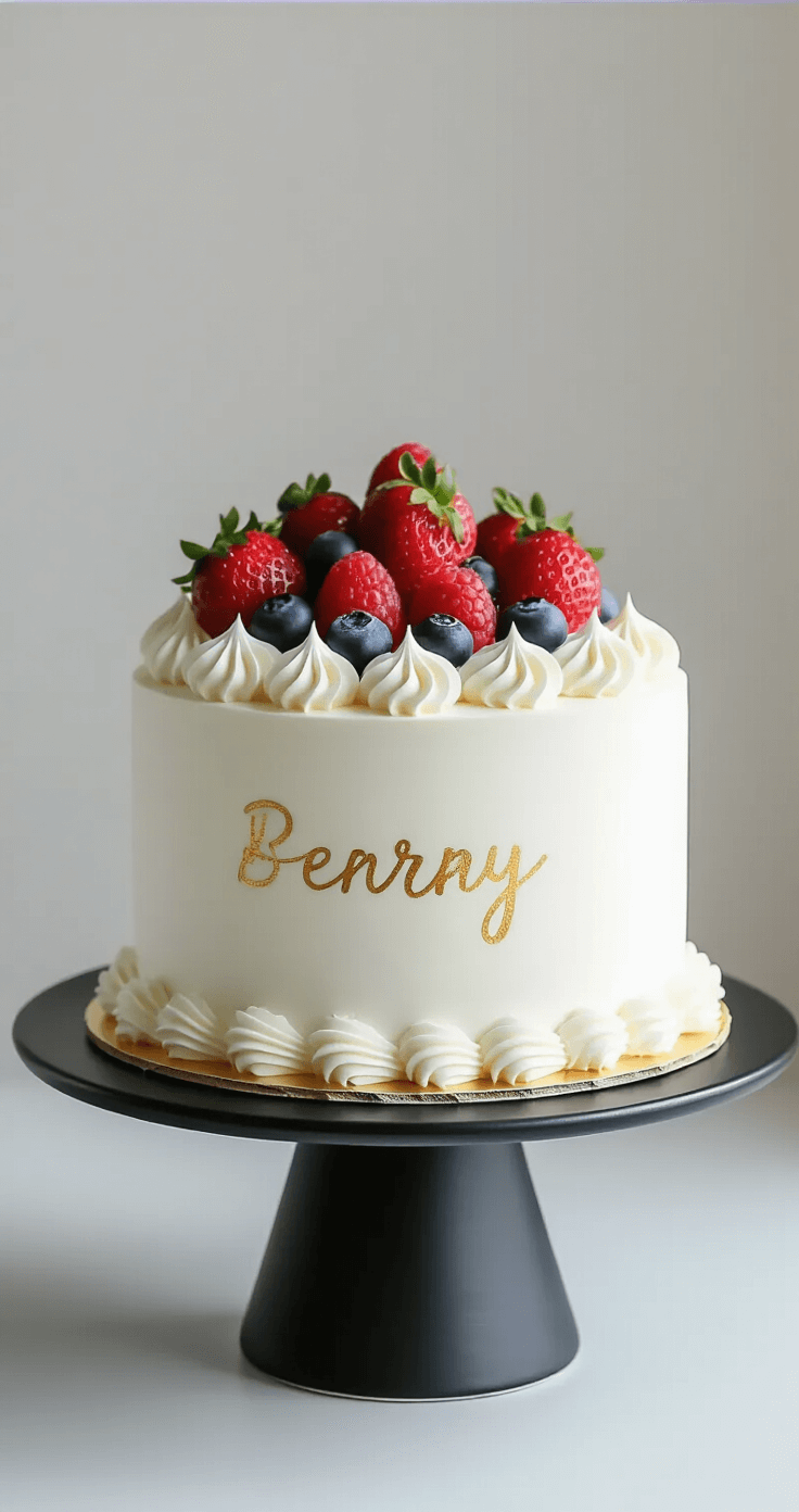 Korean Birthday Cake: A Modern Aesthetic Masterpiece A minimalist white cake with smooth whipped cream frosting and geometric pastel piping is displayed on a black ceramic stand. Fresh strawberries and blueberries are arranged on top, complemented by hand-painted gold lettering, all highlighted by gentle side lighting.