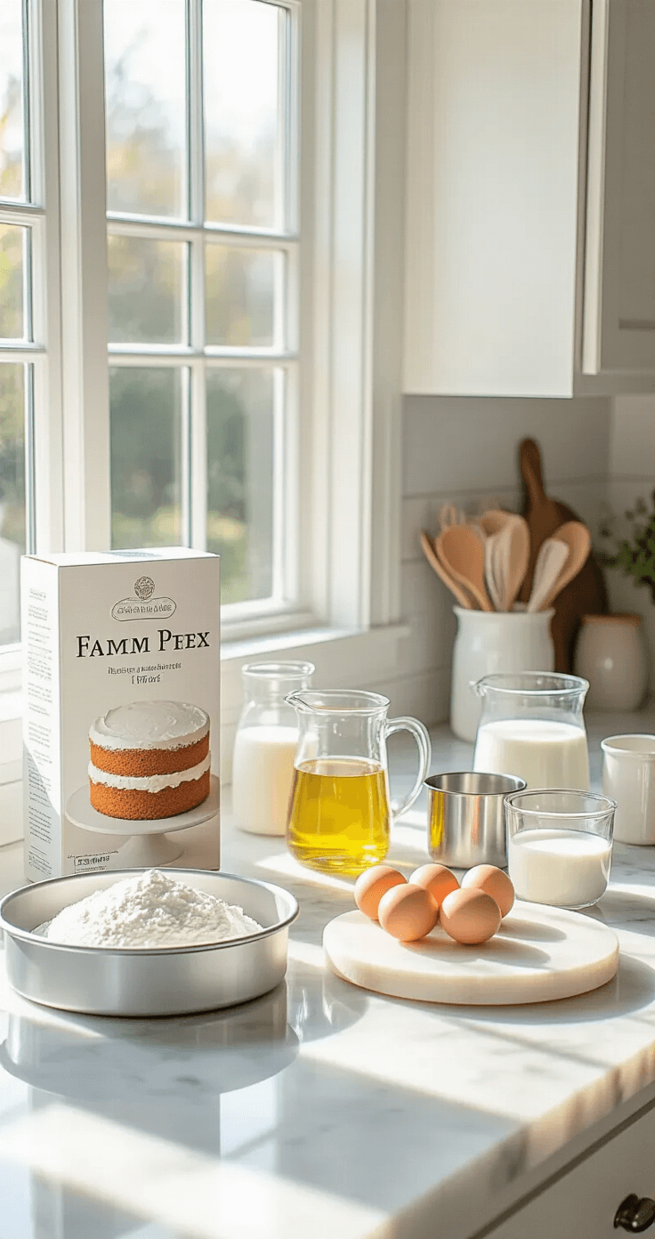 BIRTHDAY CAKE FOR WOMEN: EASY, ELEGANT & DELICIOUS Sunlit modern kitchen countertop with baking ingredients, including a white cake mix box, farm-fresh eggs, measuring cups of oil and milk, an 8-inch round cake pan, all arranged on a marble surface with natural light casting gentle shadows.
