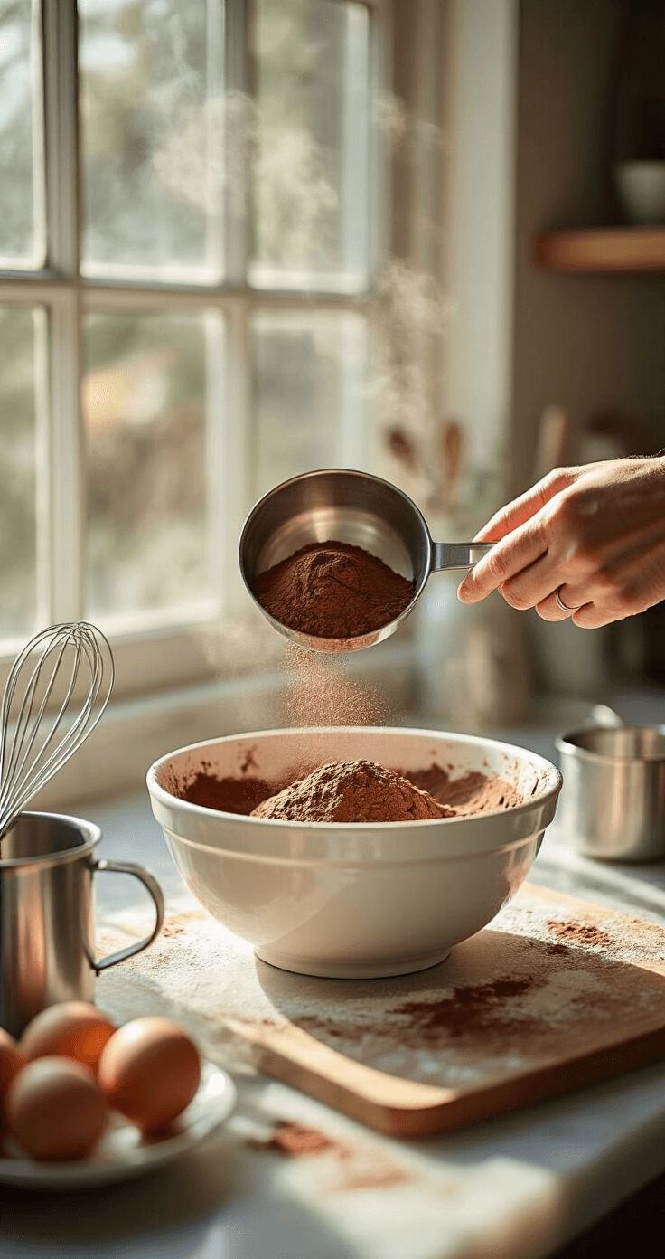Ultimate Chocolate Birthday Cake: Your Perfect Celebration Centerpiece Close-up of hands sifting cocoa powder and flour into a white bowl in a warm, sunlit kitchen, surrounded by measuring cups and fresh ingredients on a marble countertop.