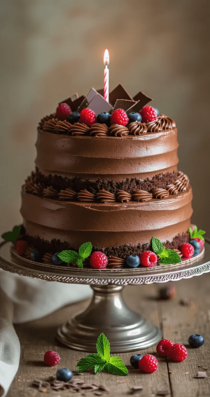 Ultimate Chocolate Birthday Cake: Your Perfect Celebration Centerpiece An elegantly decorated two-layer chocolate cake on an antique silver stand, featuring glossy chocolate frosting, delicate shavings, fresh berries, mint leaves, and a single birthday candle, set against a soft-focus rustic backdrop.