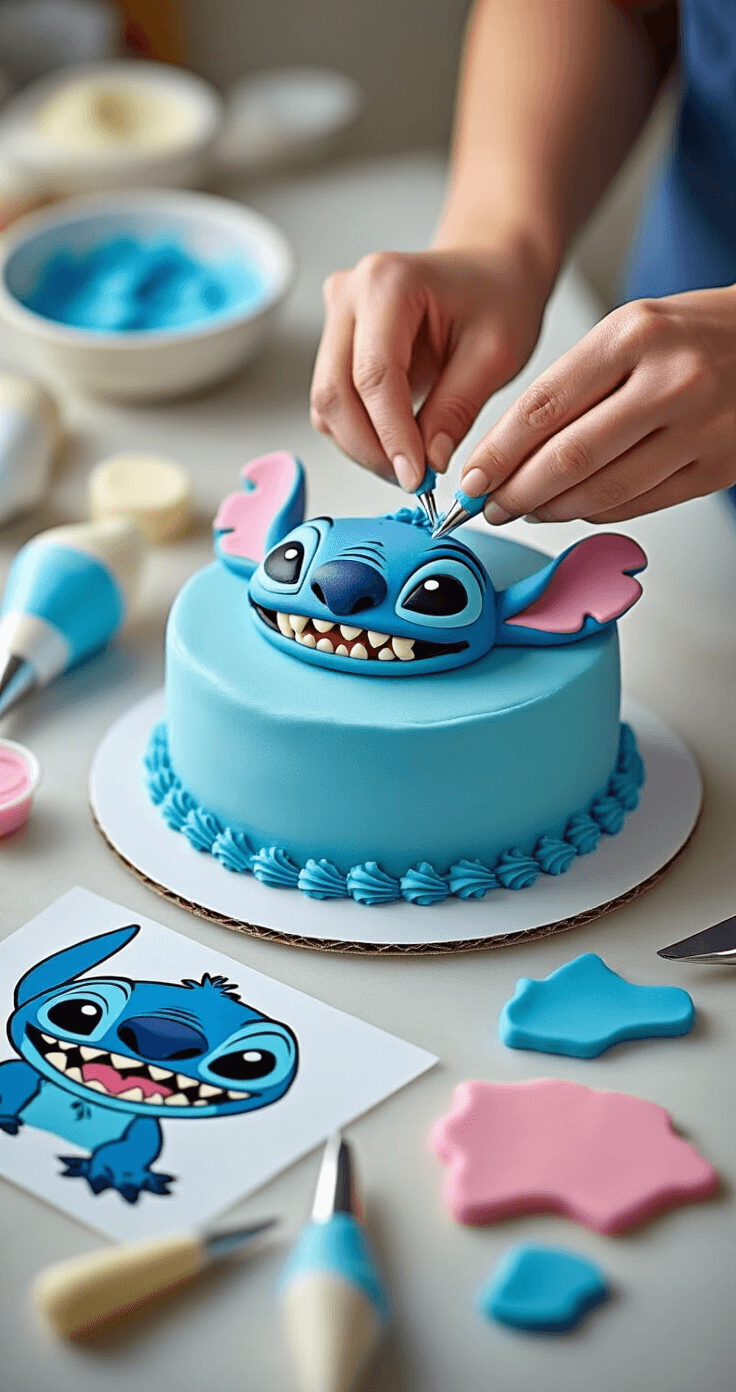 Stitch Birthday Cake: The Ultimate Disney Character Cake Guide Close-up of hands applying vibrant blue fondant to a leveled cake, surrounded by professional decorating tools, colored buttercream, fondant pieces in Stitch's colors, and a reference template of Stitch's face, all illuminated by soft studio lighting.