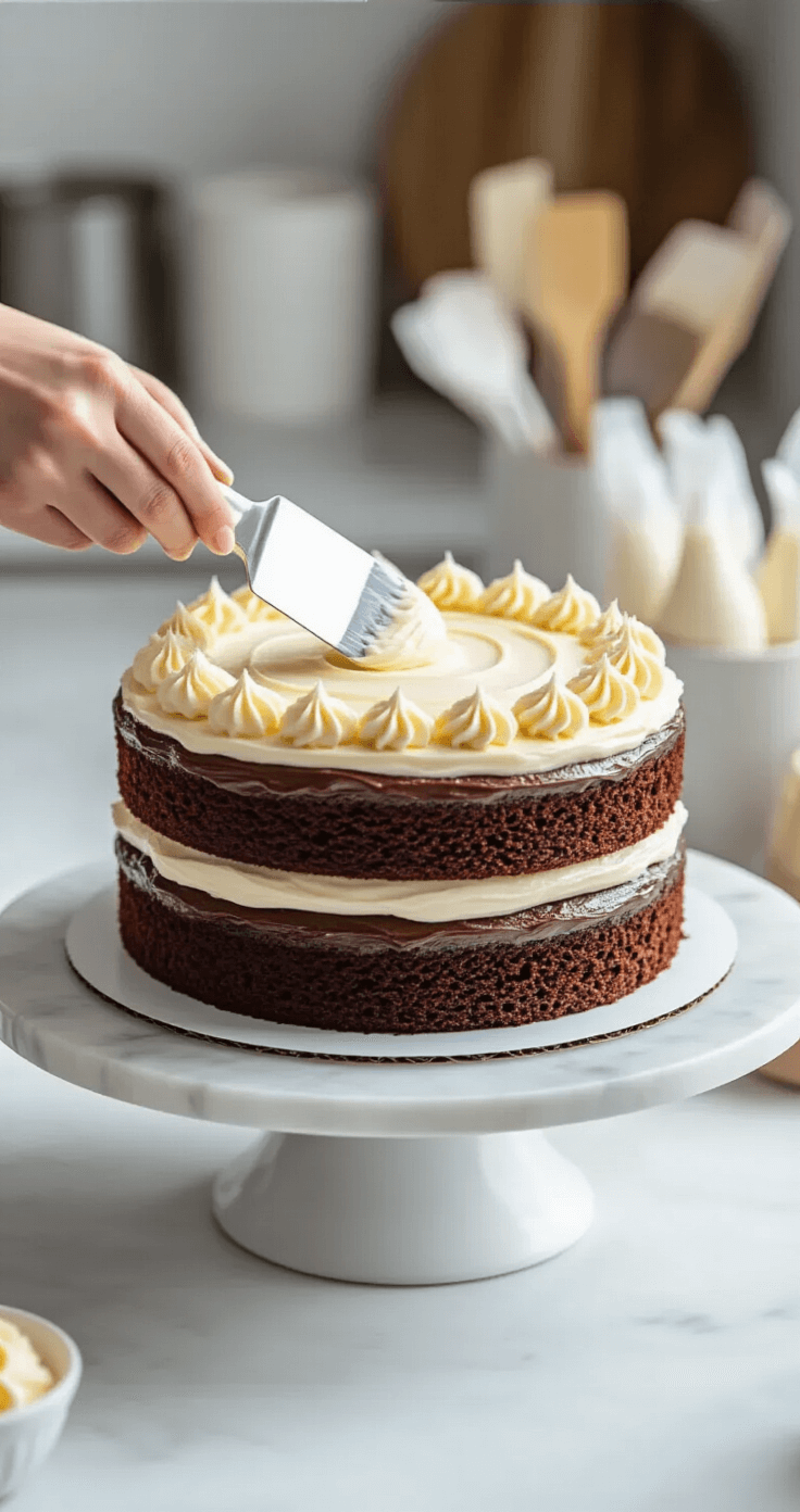 Decadent Chocolate Birthday Cake: The Ultimate Decoration Guide A baker expertly applies a thin layer of buttercream frosting to a chocolate layer cake on a white marble countertop, with soft natural lighting enhancing the details of the crumb coat and a cake turntable in use.