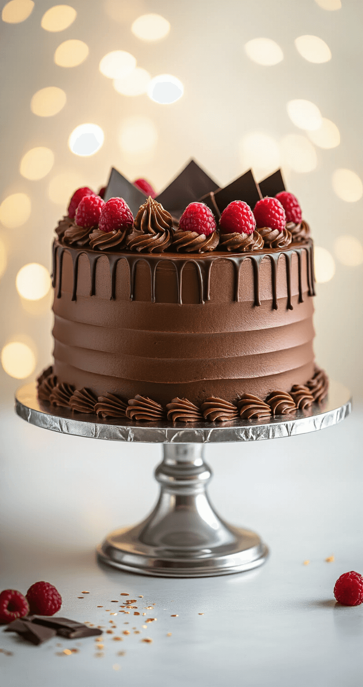 Decadent Chocolate Birthday Cake: The Ultimate Decoration Guide A beautifully decorated chocolate birthday cake on a silver stand, featuring smooth buttercream, piped rosettes, fresh raspberries, dark chocolate shavings, and golden accents, set against a bokeh background of a pastry kitchen.