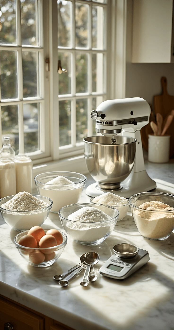 HALF BIRTHDAY CAKE: CELEBRATING 6 MONTHS OF SWEETNESS A bright kitchen countertop with organized baking ingredients in glass bowls, sunlight streaming through a window, a stand mixer, measuring spoons, and a digital scale.