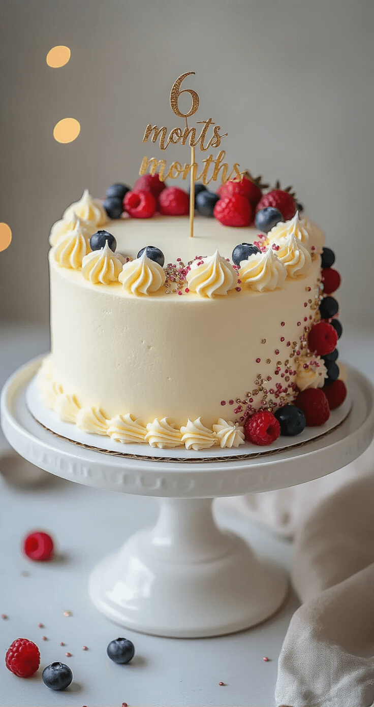 HALF BIRTHDAY CAKE: CELEBRATING 6 MONTHS OF SWEETNESS A elegantly styled half-moon cake with pastel buttercream frosting, decorated with piped rosettes, fresh berries, metallic sprinkles, and a '6 months' topper, displayed on a white ceramic stand, captured from a 45-degree angle in a softly lit setting with a blurred background.