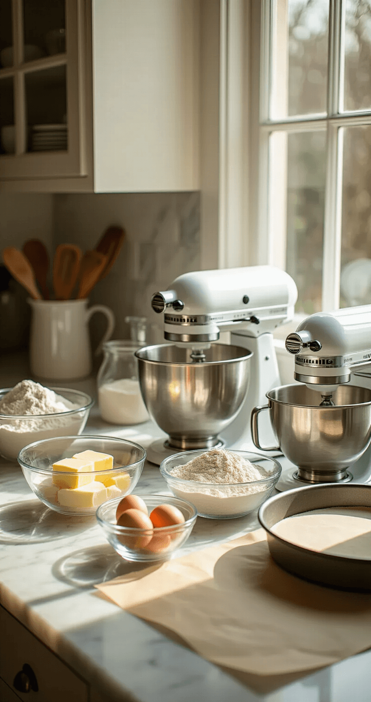 Half Birthday Cake: The Ultimate 6-Month Milestone Celebration Guide A sunlit kitchen countertop showcasing baking ingredients in glass bowls, including softened butter, fresh eggs, and flour, with a stand mixer and a round cake pan. Natural light casts gentle shadows on the marble surface.