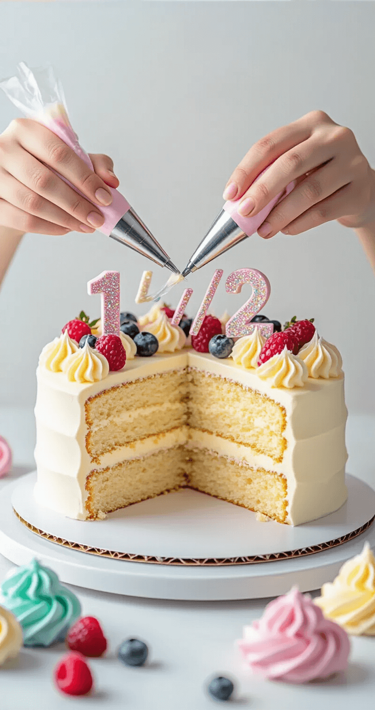 Half Birthday Cake: The Ultimate 6-Month Milestone Celebration Guide Close-up of hands applying pastel buttercream frosting to a half-moon shaped vanilla cake on a turntable, with colorful piping bags, sparkly '1/2' toppers, and fresh berries nearby, all illuminated by soft studio lighting.