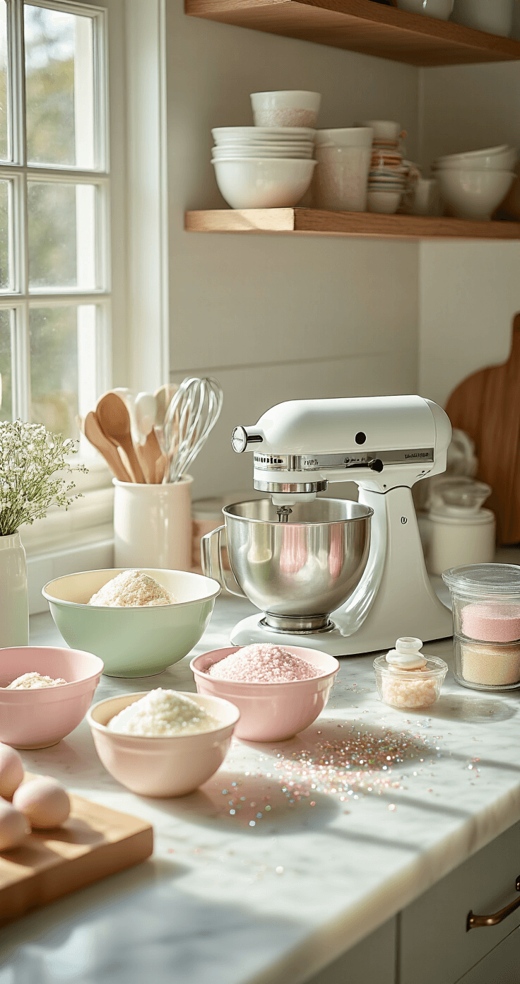 FAIRY BIRTHDAY CAKE: MAGICAL WHIMSY ON A PLATE A bright kitchen workspace with a marble countertop, organized baking tools, pastel mixing bowls, measuring cups, and fresh ingredients, illuminated by natural light, featuring a stand mixer and colorful fondant packages.