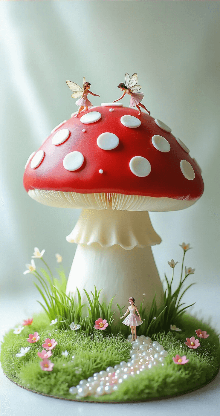 FAIRY BIRTHDAY CAKE: MAGICAL WHIMSY ON A PLATE A whimsical toadstool-shaped cake with a glossy red fondant dome cap, adorned with white polka dots, surrounded by green fondant grass and tiny flowers, featuring shimmering edible glitter and miniature fairy figurines among sugar pearl pathways, captured in soft, dreamy lighting.