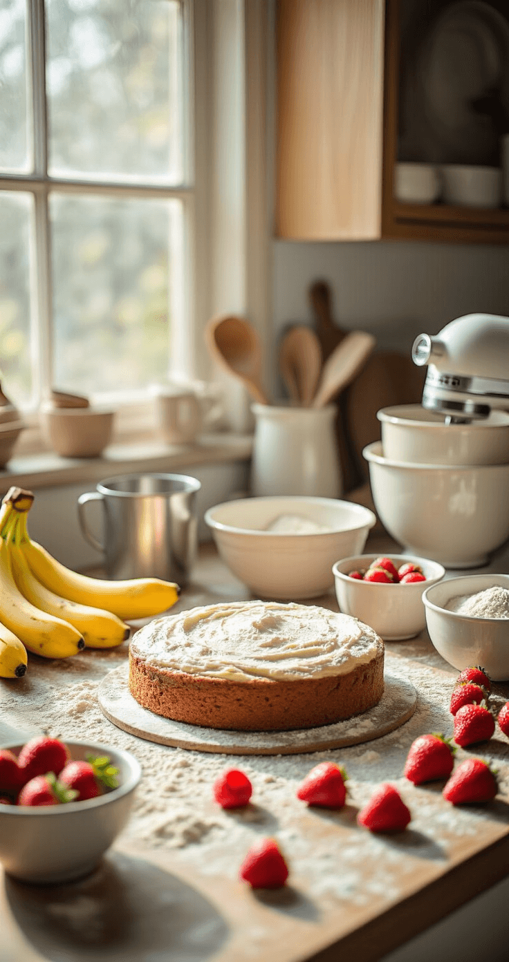 BERRY FIRST BIRTHDAY CAKE: A DELIGHTFUL SMASH CAKE CELEBRATION Close-up of a rustic kitchen counter featuring baking ingredients like overripe bananas, fresh strawberries, and flour, illuminated by natural sunlight. The scene includes measuring cups, mixing bowls, and a vintage hand mixer, with a soft focus on freeze-dried strawberries in a ceramic bowl, conveying a warm, homey atmosphere.